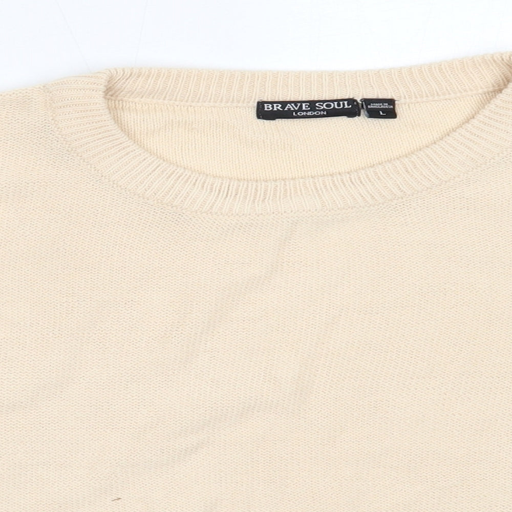 Brave Soul Womens Beige Round Neck  Acrylic Pullover Jumper Size L