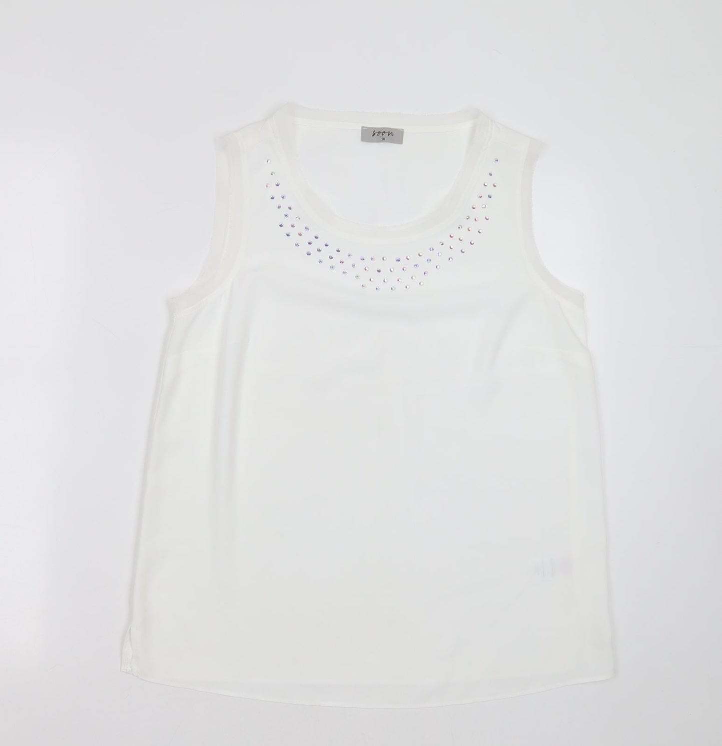 Soon Womens White  Polyester Basic Blouse Size 10 Round Neck - studded