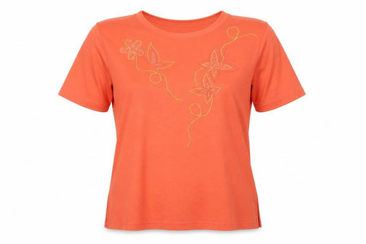 Poppy Womens Orange Floral Polyester Basic T-Shirt Size L Round Neck - Embroidered detail