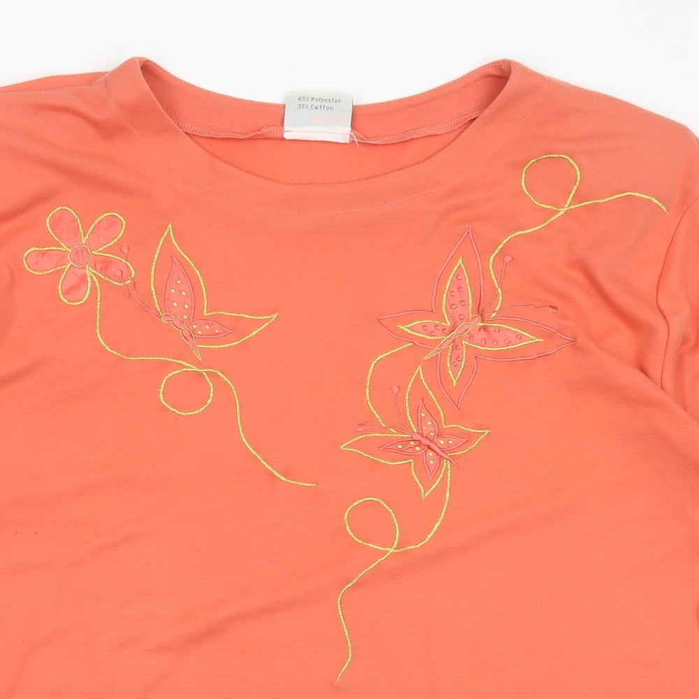 Poppy Womens Orange Floral Polyester Basic T-Shirt Size L Round Neck - Embroidered detail