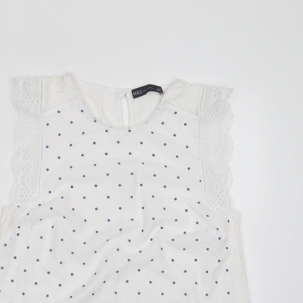 Marks and Spencer Womens White Polka Dot Viscose Basic Blouse Size 10 Round Neck