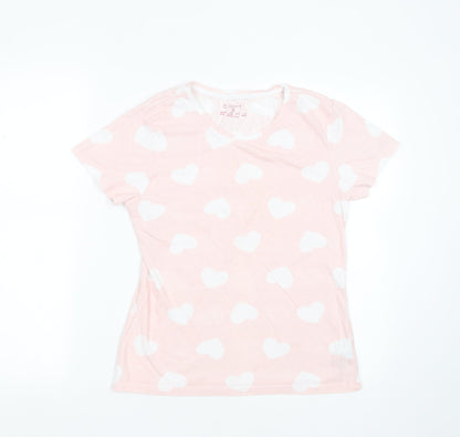 Preloved Primark Womens Pink  Cotton Basic T-Shirt Size 6 Round Neck - Heart pattern - Front