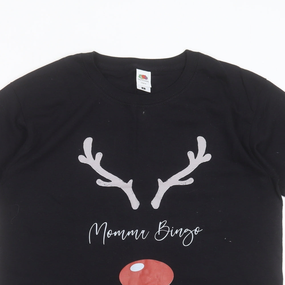 Fruit of the Loom Womens Black  Cotton Basic T-Shirt Size S Round Neck - momma bingo, reindeer