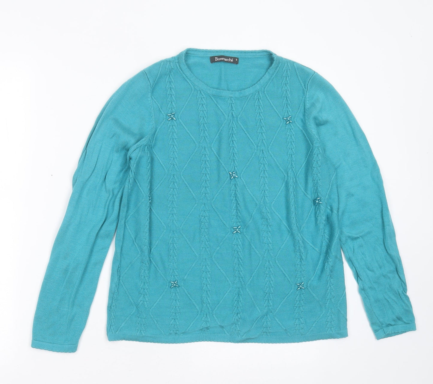 Bonmarché Womens Blue Round Neck Geometric Acrylic Pullover Jumper Size S   - beaded