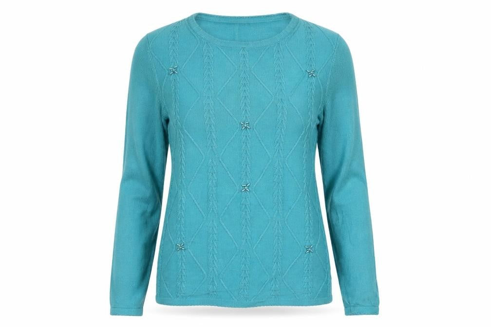 Bonmarché Womens Blue Round Neck Geometric Acrylic Pullover Jumper Size S - beaded