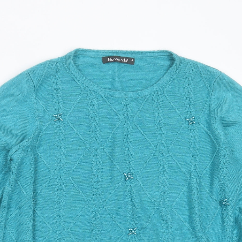 Bonmarché Womens Blue Round Neck Geometric Acrylic Pullover Jumper Size S   - beaded