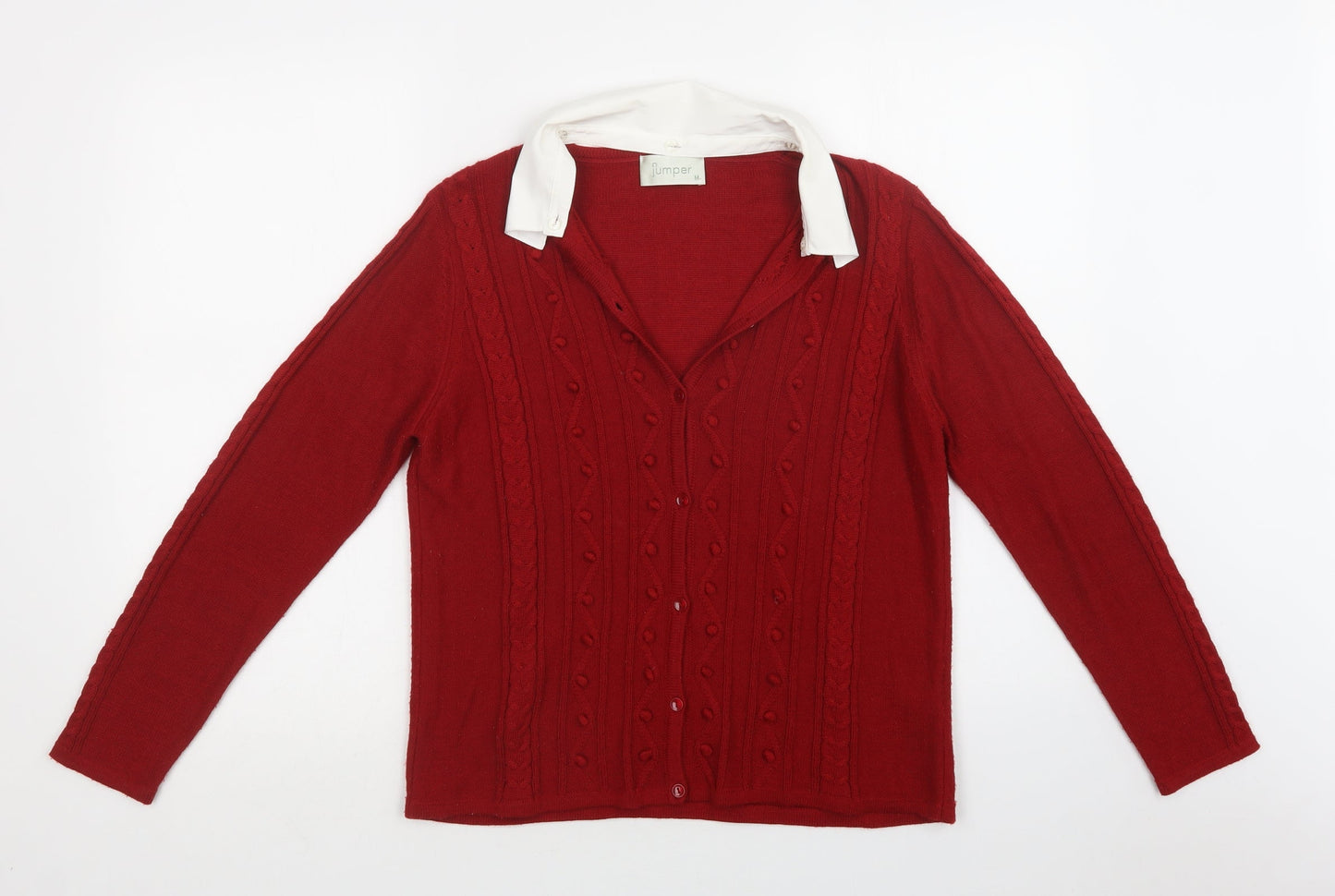 Jumper Womens Red Collared  Acrylic Cardigan Jumper Size M