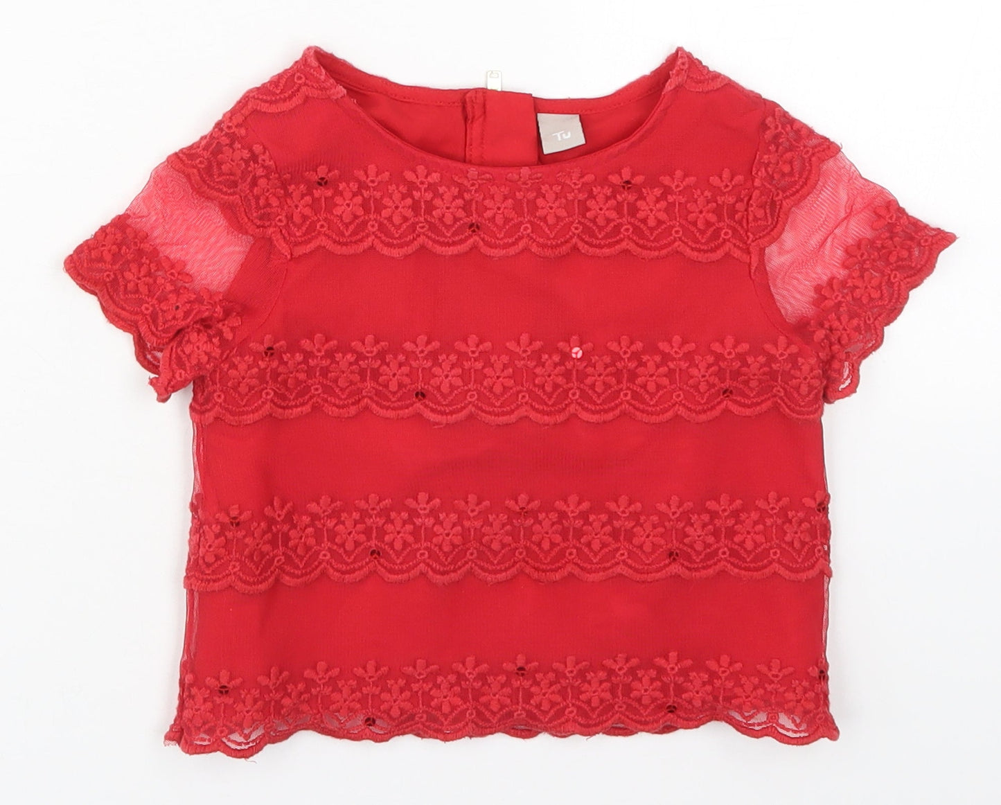 TU Girls Red  Nylon Basic Blouse Size 5 Years Round Neck Zip