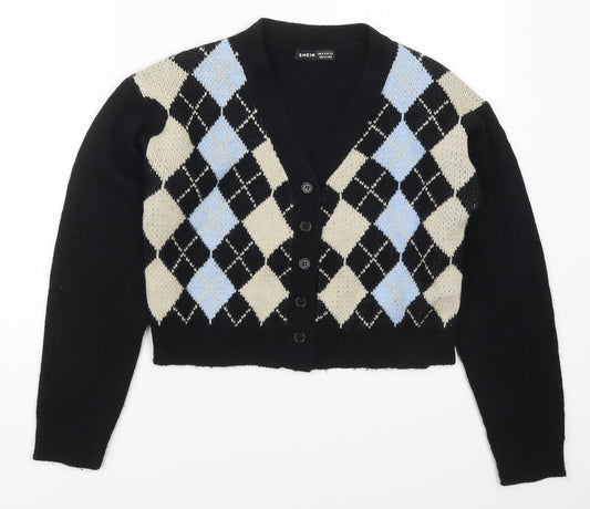 SheIn Womens Multicoloured V-Neck Argyle/Diamond Acrylic Cardigan Jumper Size M