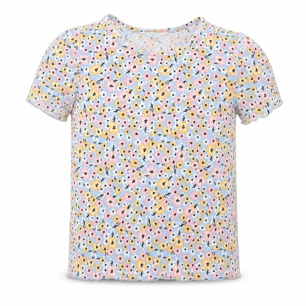 Primark Girls Blue Floral Polyester Basic T-Shirt Size 3-4 Years Crew Neck  - Lettuce Edging