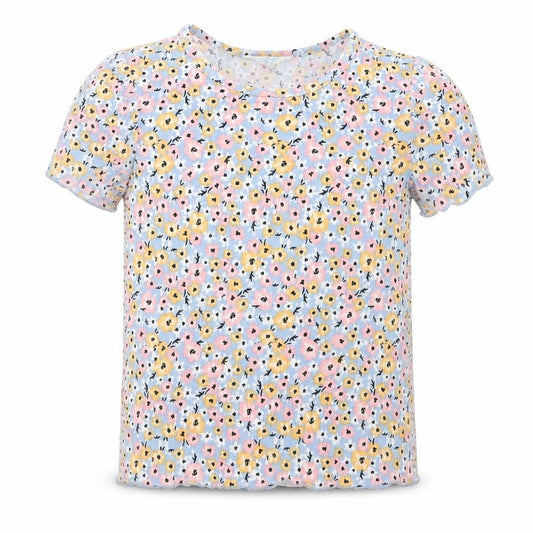 Primark Girls Blue Floral Polyester Basic T-Shirt Size 3-4 Years Crew Neck  - Lettuce Edging