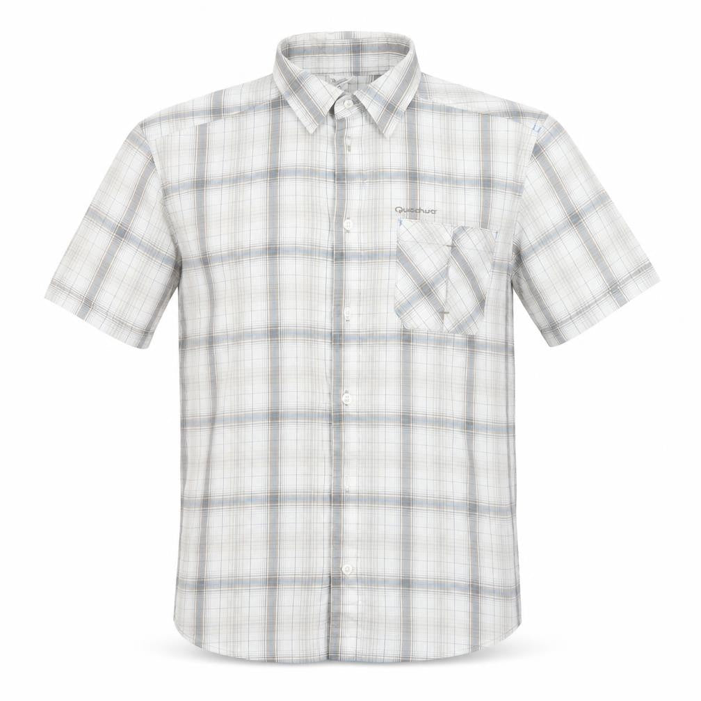 Quechua Mens Ivory Plaid Cotton  Button-Up Size M Collared Button
