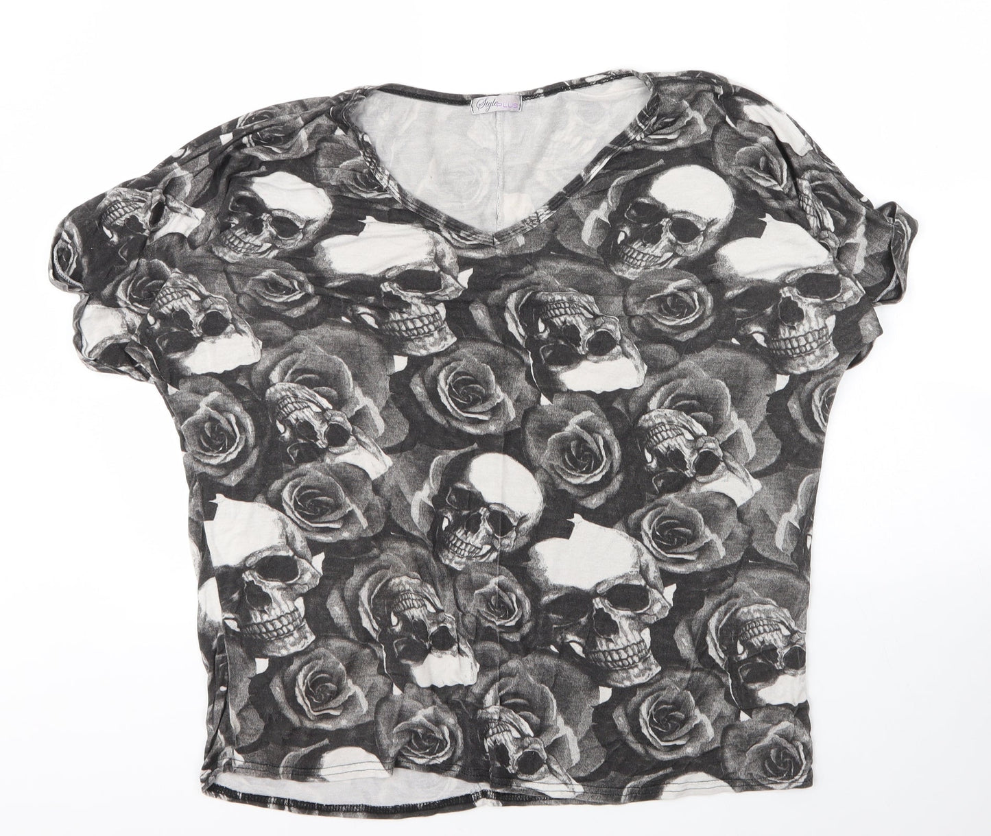 Style Plus Womens Grey Floral Viscose Basic T-Shirt Size L V-Neck - Skulls