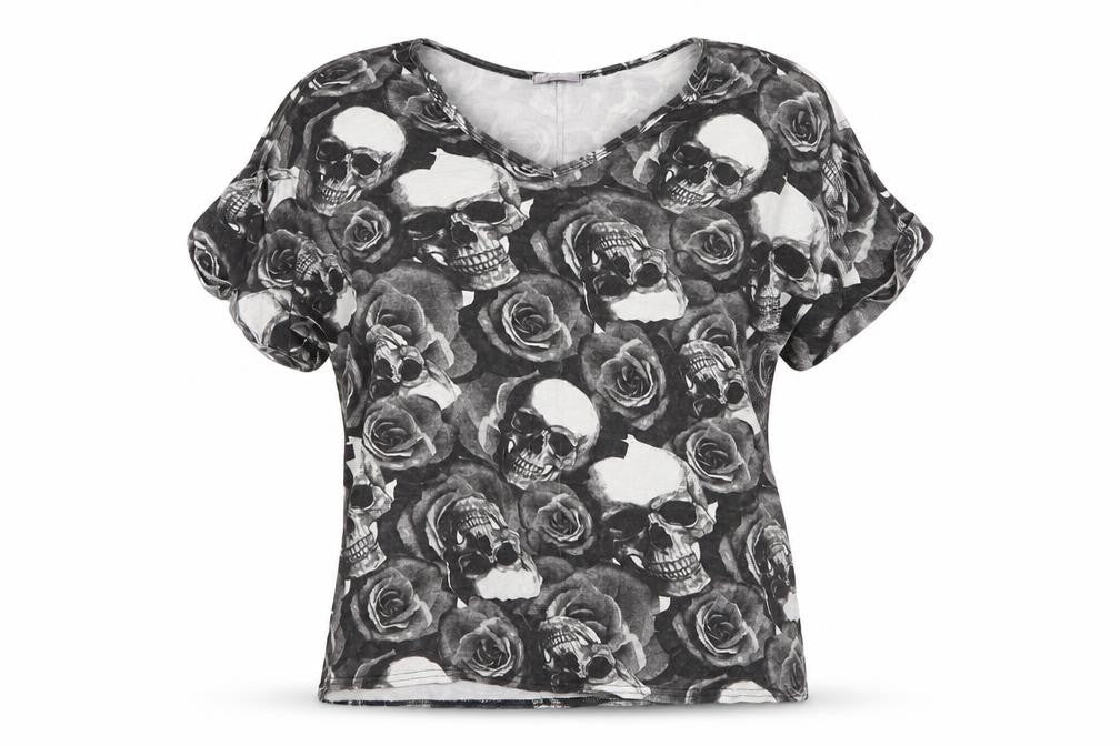 Style Plus Womens Grey Floral Viscose Basic T-Shirt Size L V-Neck - Skulls
