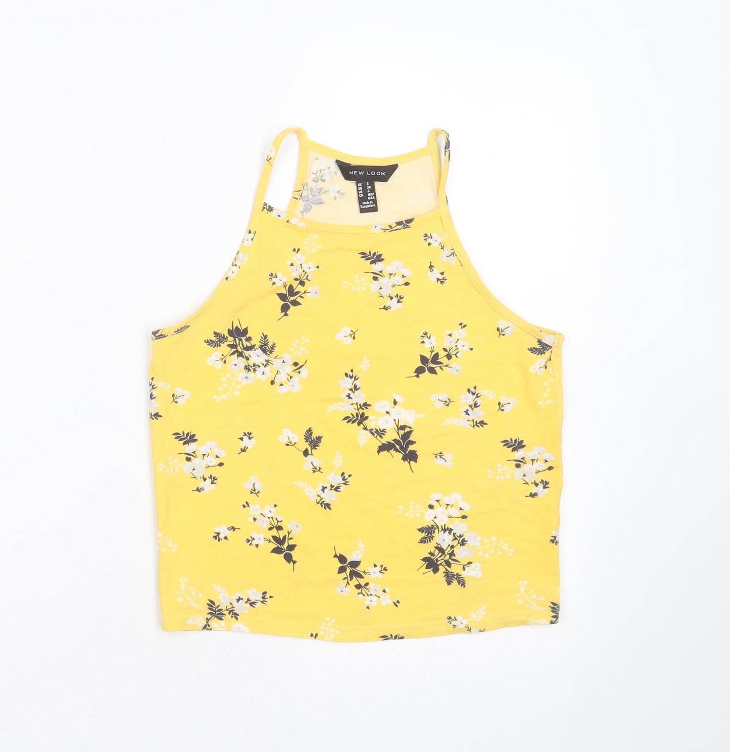 New Look Womens Yellow Floral Cotton Cropped T-Shirt Size 8 Round Neck