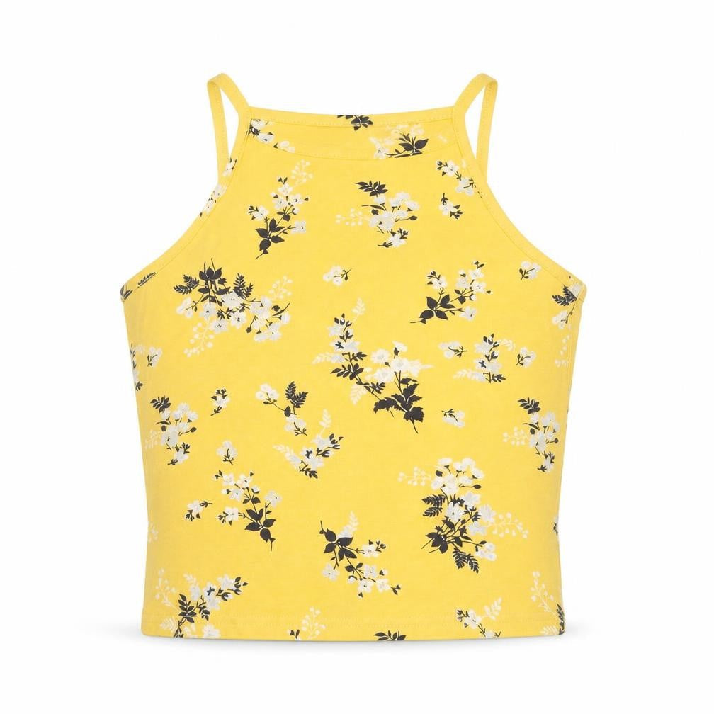New Look Womens Yellow Floral Cotton Cropped T-Shirt Size 8 Round Neck