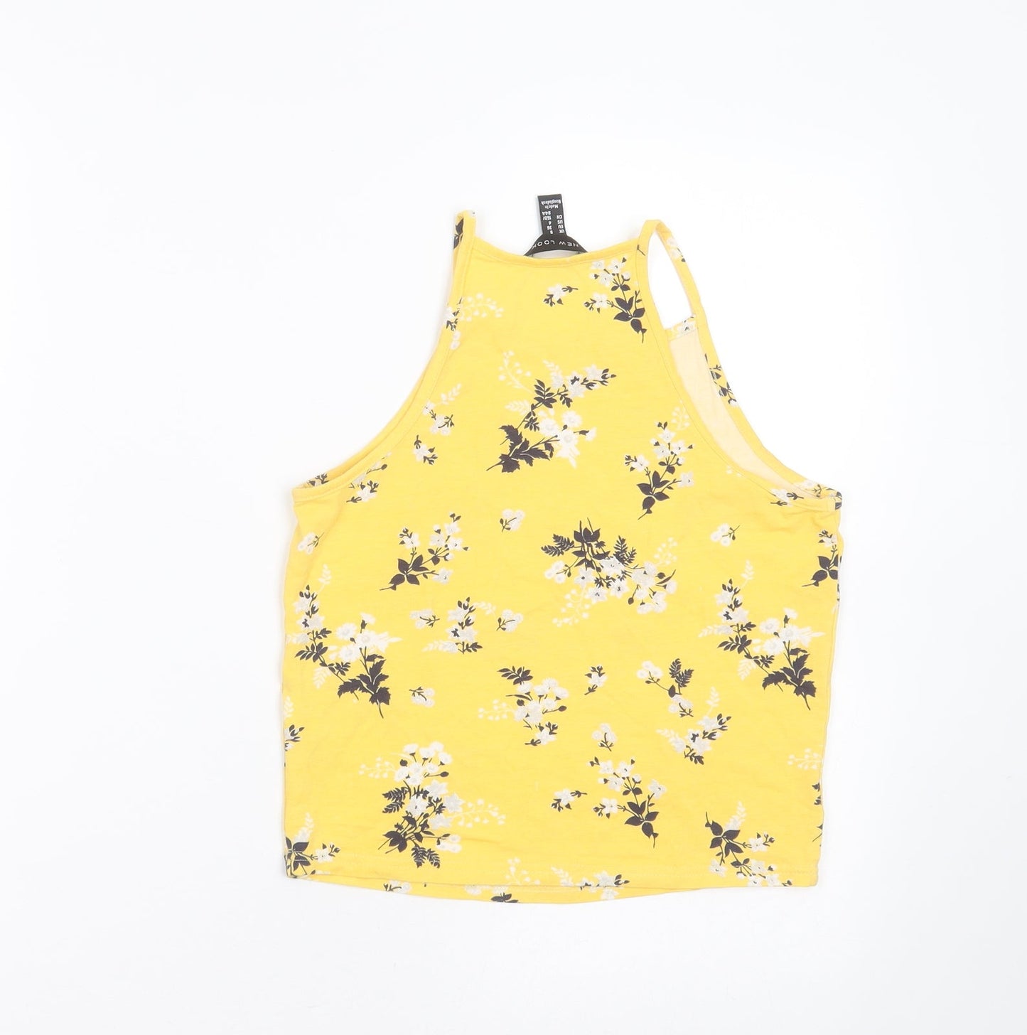 New Look Womens Yellow Floral Cotton Cropped T-Shirt Size 8 Round Neck