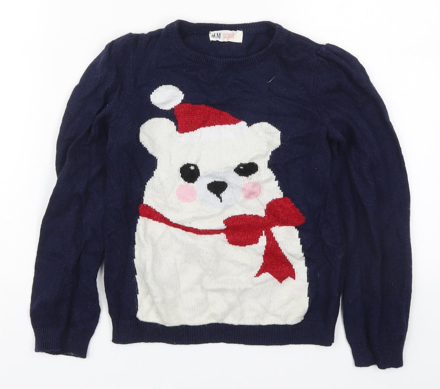 H&M Girls Blue Round Neck  Viscose Pullover Jumper Size 7-8 Years  Pullover - Polar Bear