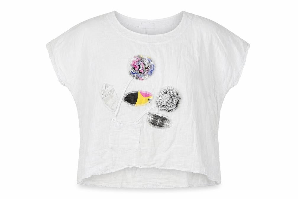 New Collection Womens White Floral Cotton Basic Blouse Size M Round Neck