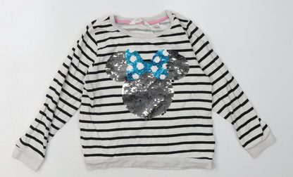 Preloved H&M Girls White Striped Cotton Pullover Sweatshirt Size 6-7 Years  Pullover - Sequin Detail, minnie mouse - Front