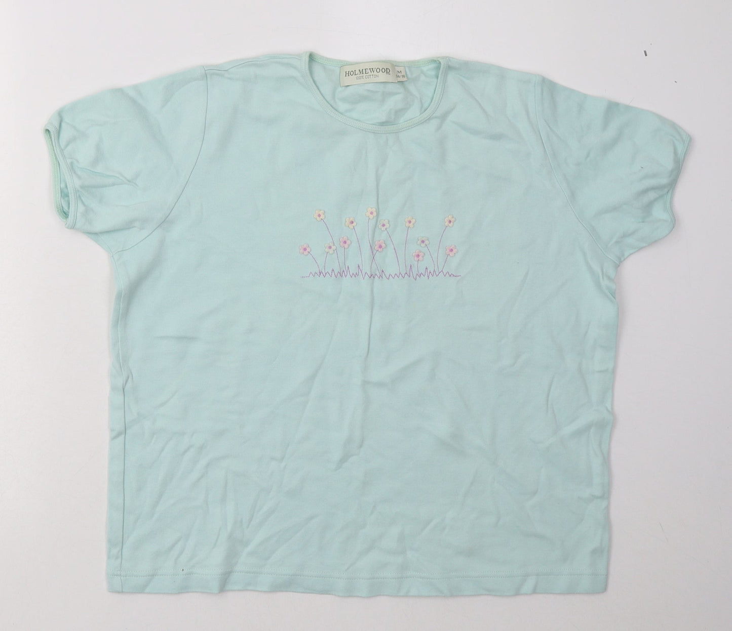 Holmewood Womens Blue Floral Cotton Basic T-Shirt Size M Crew Neck