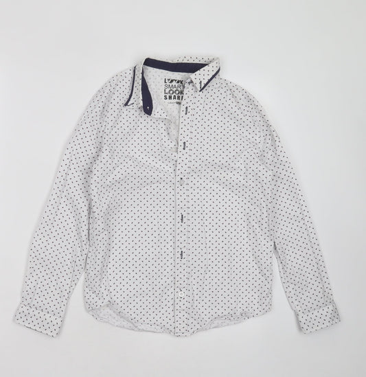 F&F Boys White Geometric Cotton Basic Button-Up Size 10-11 Years Collared Button
