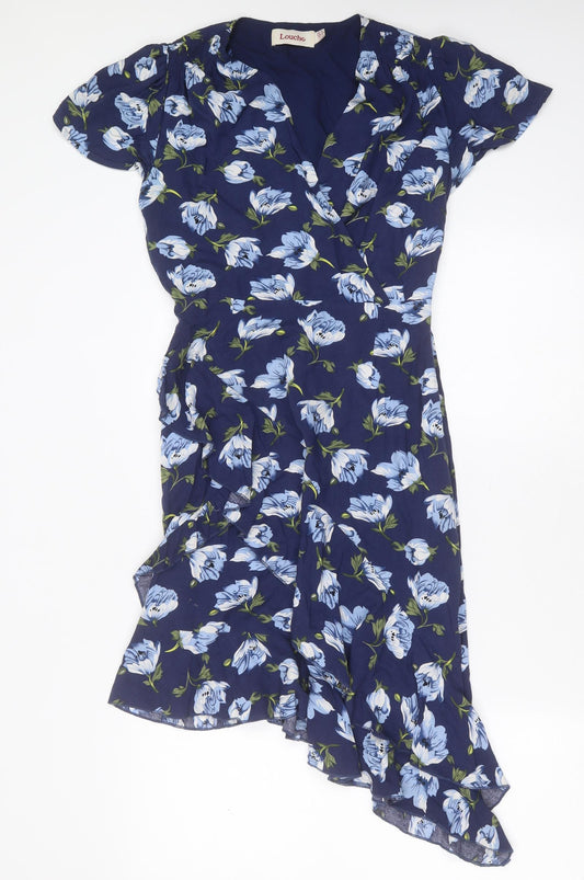 Louche Womens Blue Floral Viscose Sheath  Size 8  V-Neck
