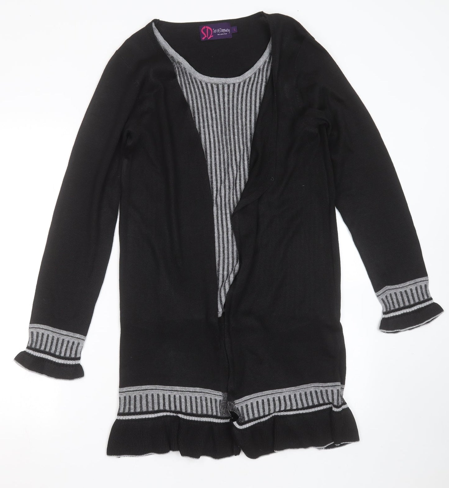 Sarah Dunnway Womens Black Round Neck Striped Polyester Cardigan Jumper Size L