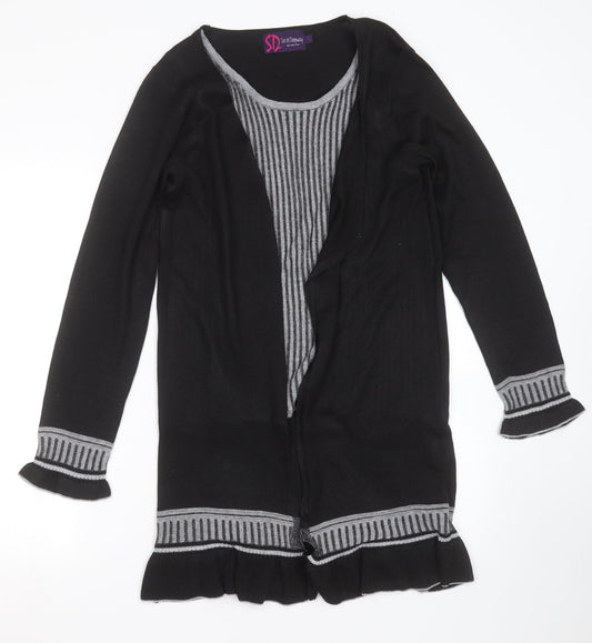 Sarah Dunnway Womens Black Round Neck Striped Polyester Cardigan Jumper Size L