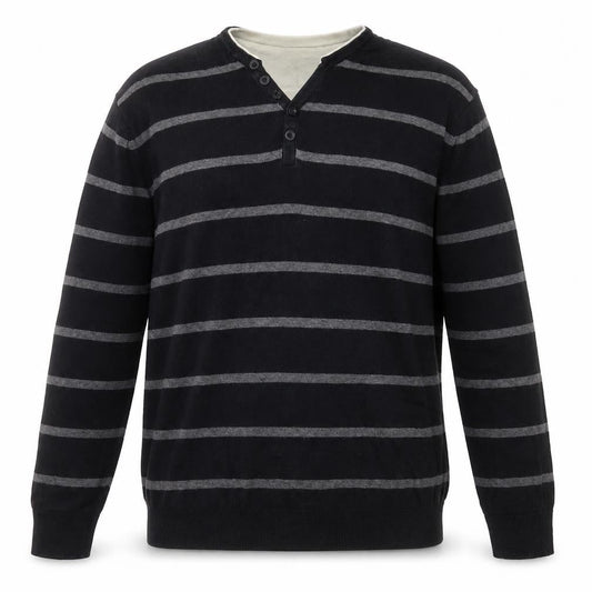 Atlantic Bay Mens Black V-Neck Striped Cotton Pullover Jumper Size XL