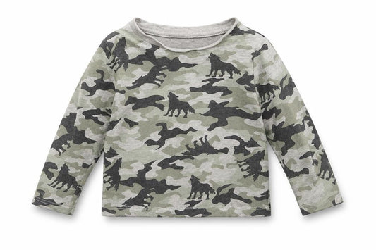 Pep&Co Boys Grey Camouflage Cotton Basic T-Shirt Size 9-12 Months Round Neck  - wolves