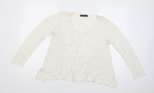 M&S Womens White V-Neck   Pullover Jumper Size L