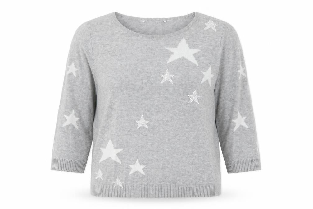 BHS Womens Grey Crew Neck Geometric Cotton Pullover Jumper Size 10   - Star Print