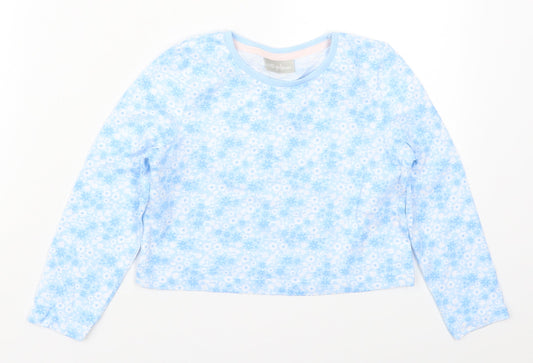 Matalan Girls Blue Floral Cotton Basic T-Shirt Size 6 Years Round Neck Pullover