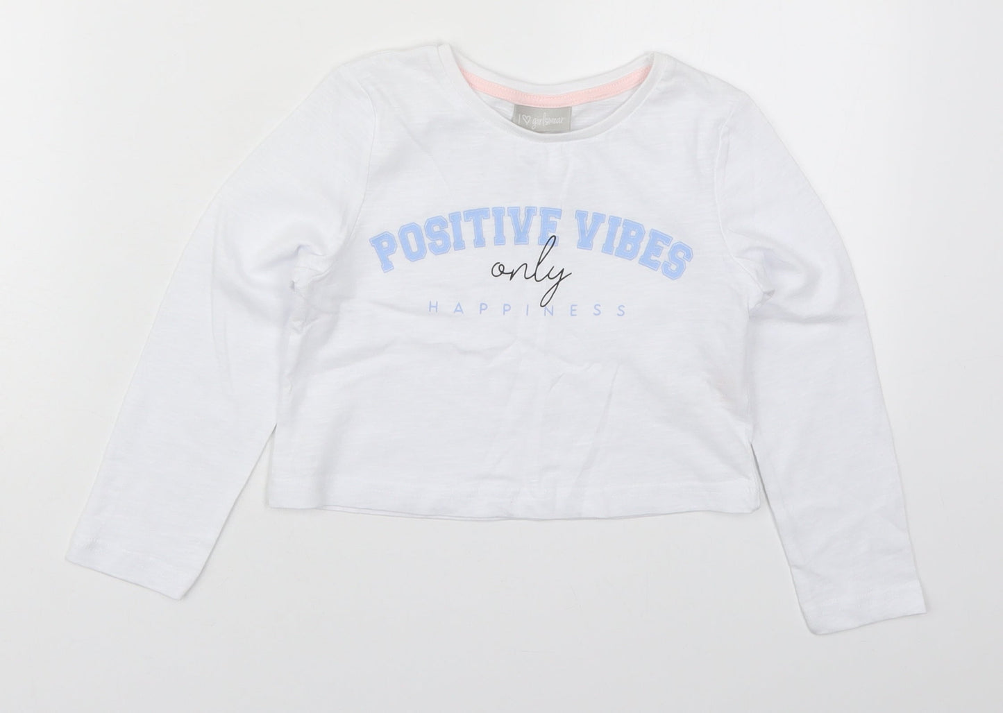 Matalan Girls White  Cotton Basic T-Shirt Size 6 Years Crew Neck Pullover - Positive Vibes Only