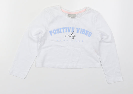 Matalan Girls White  Cotton Basic T-Shirt Size 6 Years Crew Neck Pullover - Positive Vibes Only