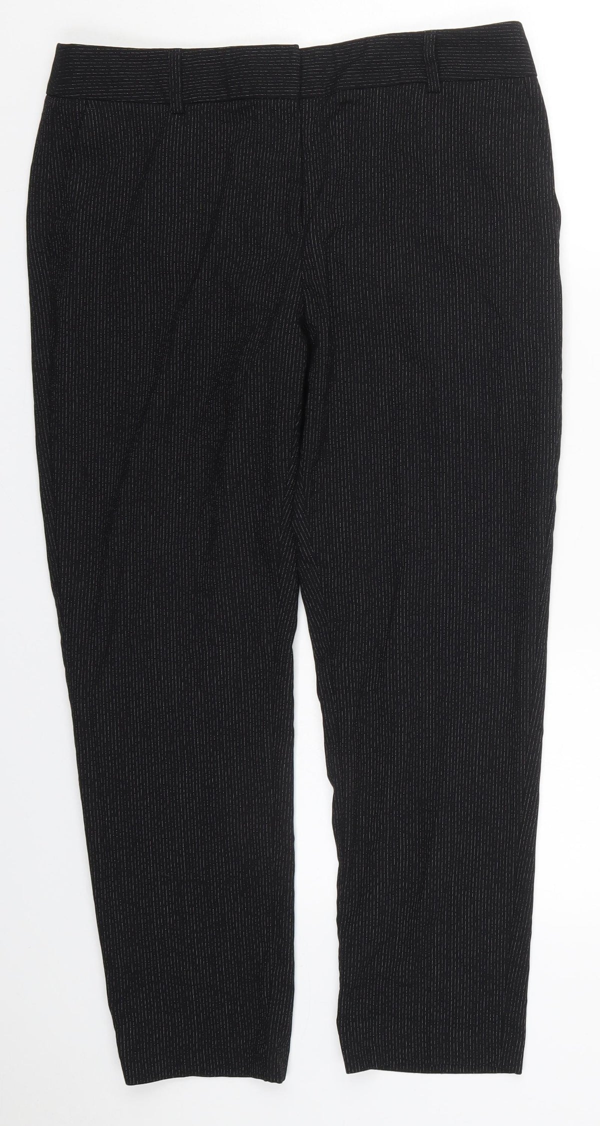 Next Womens Black Striped Polyester Trousers  Size 12 L25 in Regular Hook & Eye