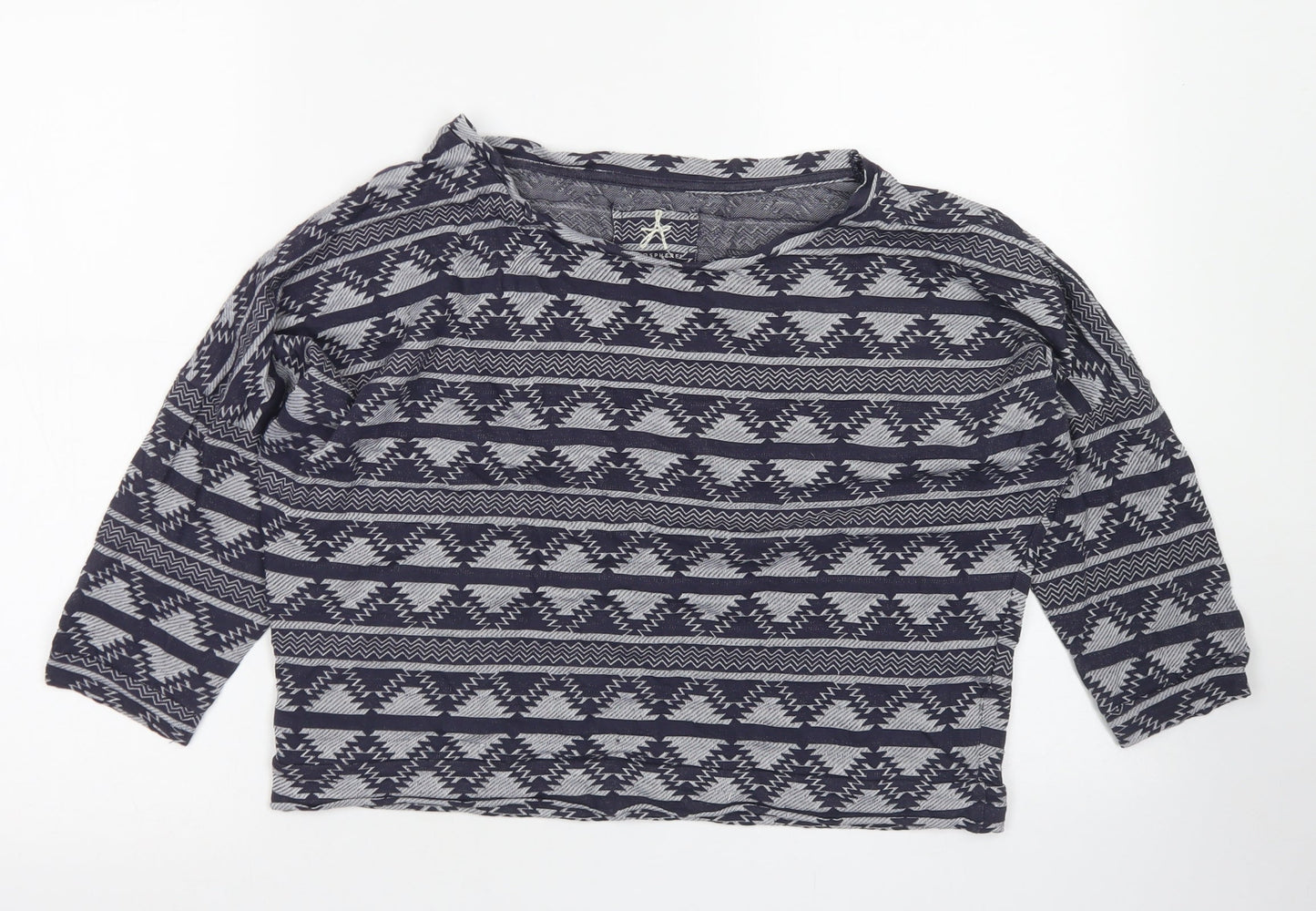 Atmosphere Womens Blue Fair Isle Cotton Cropped T-Shirt Size 14 Crew Neck