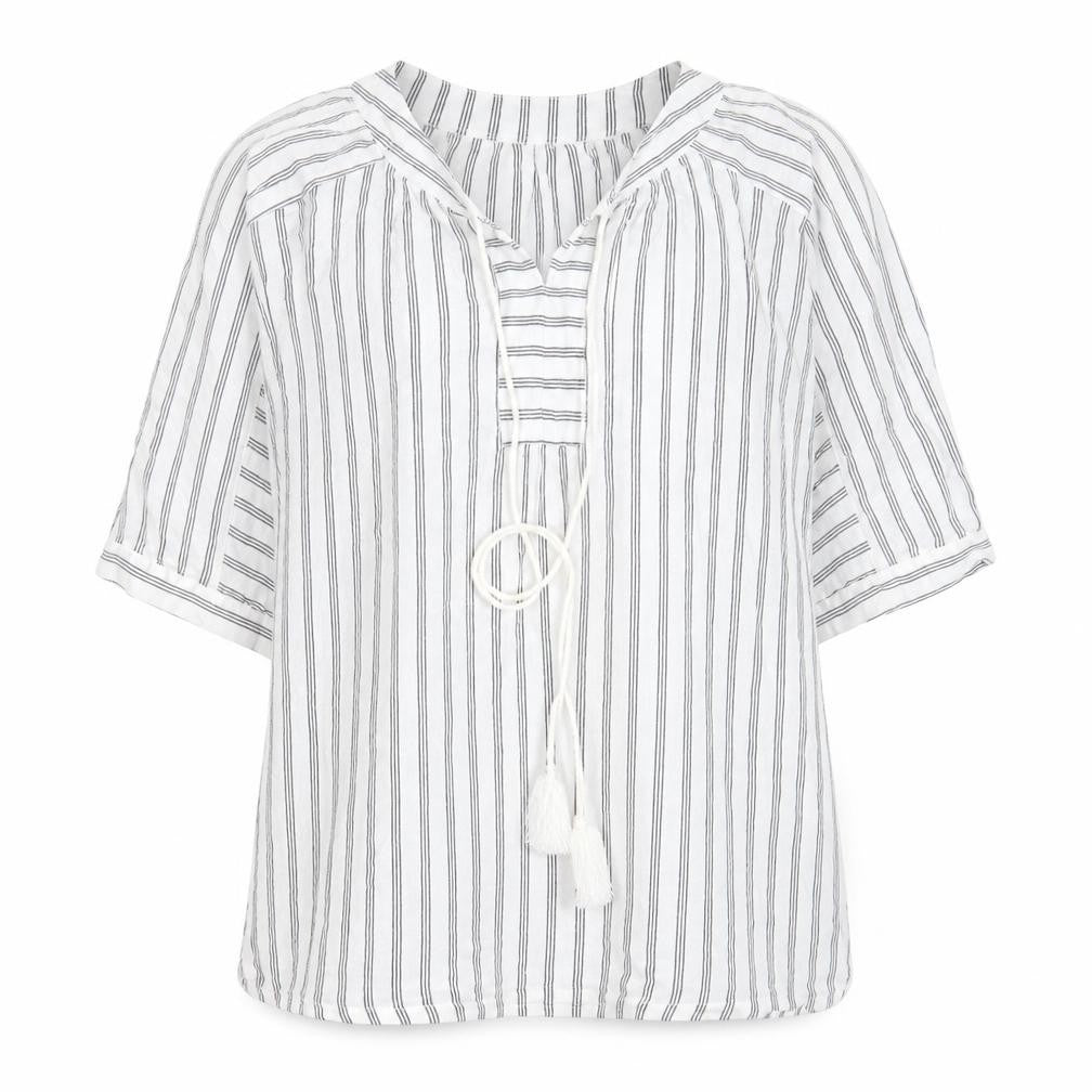 Preworn Womens White Striped Polyester Basic Blouse Size S V-Neck
