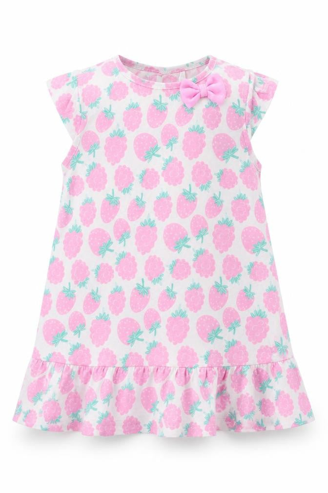 Smyk Baby White Floral Cotton A-Line  Size 12-18 Months  Crew Neck Snap - Strawberry Print