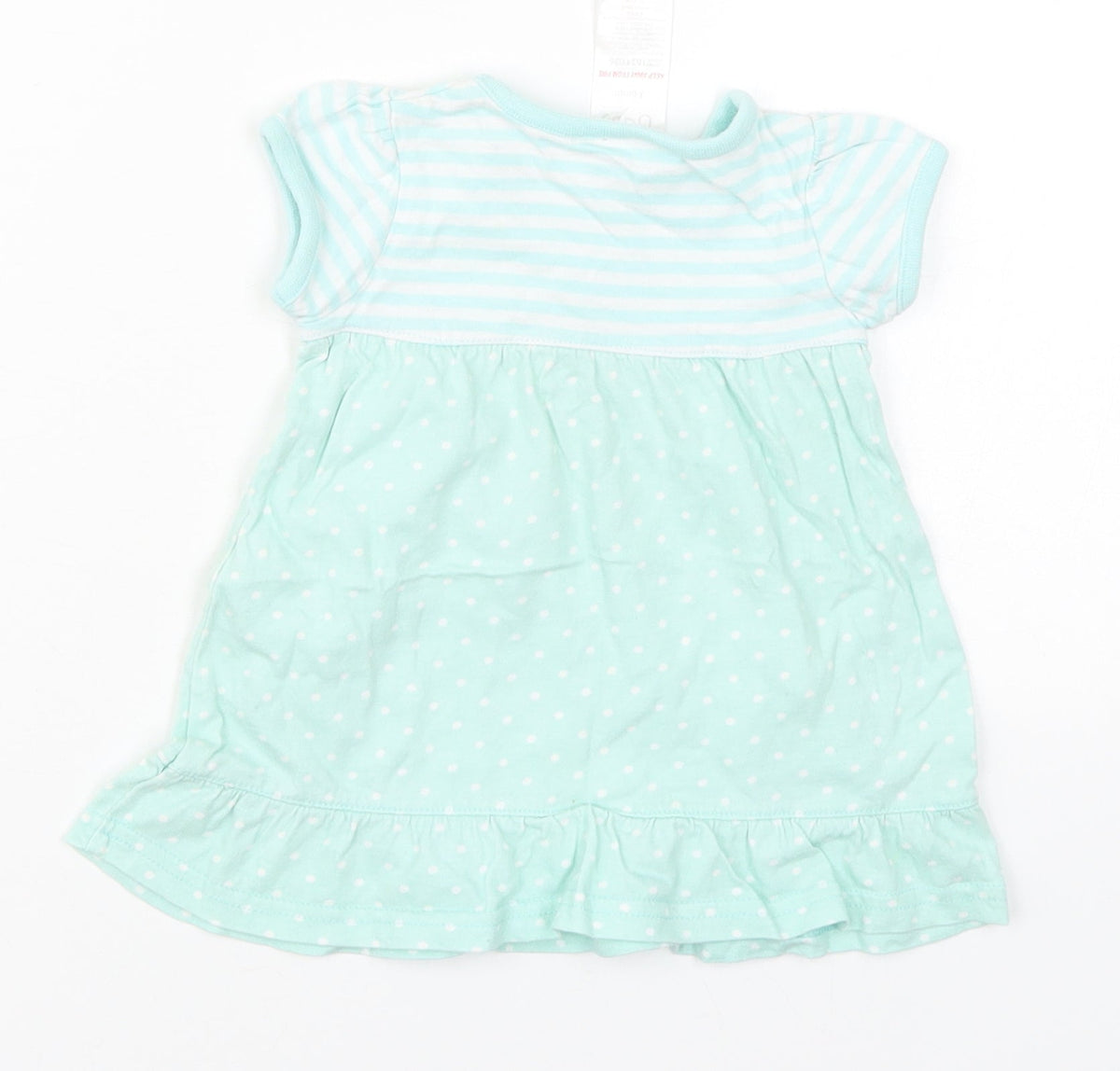 Baby Girls Green Striped Cotton Skater Dress  Size 3-6 Months  Round Neck Pullover - Polka Dot