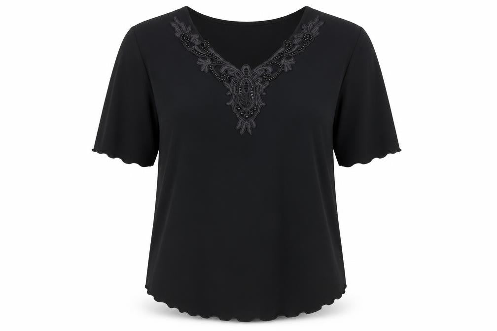 Sonic Collection Womens Black  Polyester Basic Blouse Size M V-Neck - Lettuce Edging