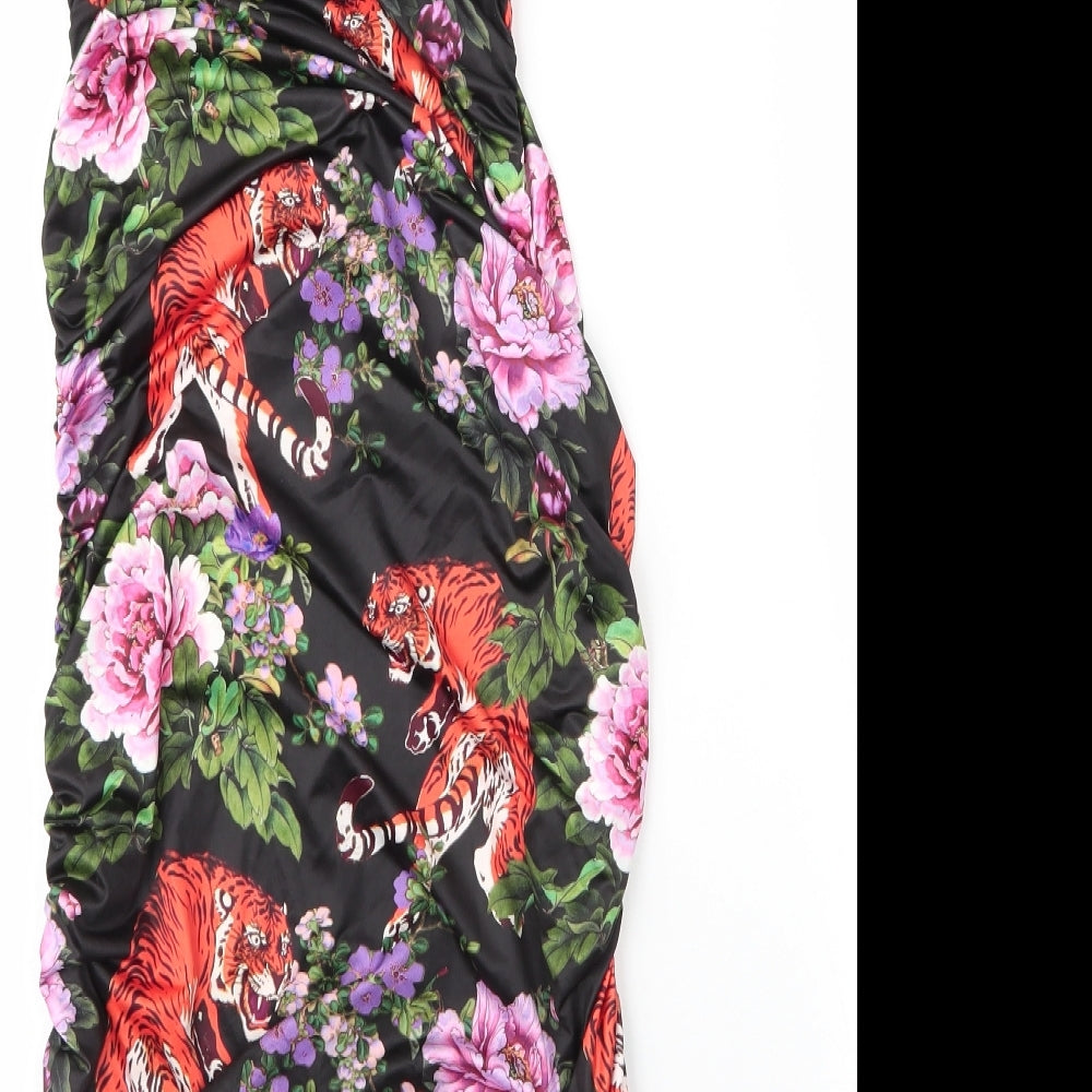 PRETTYLITTLETHING Womens Black Floral Polyester Bodycon  Size 12  One Shoulder
