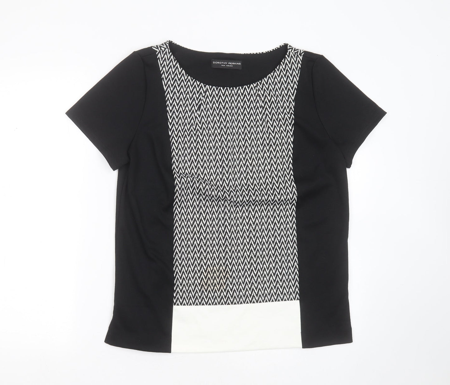 Dorothy Perkins Womens Black Geometric Polyester Basic T-Shirt Size 14 Round Neck