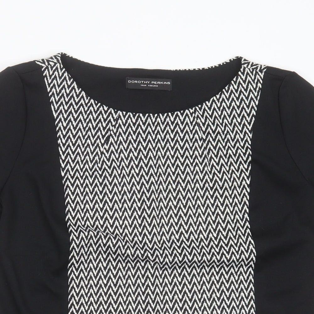 Dorothy Perkins Womens Black Geometric Polyester Basic T-Shirt Size 14 Round Neck