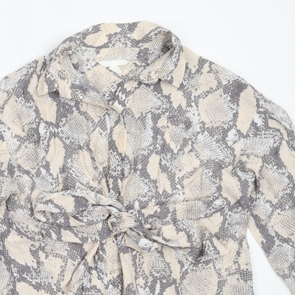 H&M Womens Beige Animal Print Viscose Basic Button-Up Size M Collared