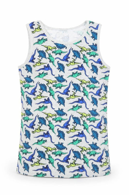 Pep&Co Girls Grey Geometric Cotton Basic Tank Size 12-13 Years Crew Neck  - Dinosaur Print