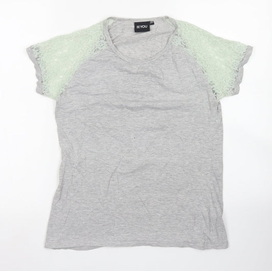 Beyou Womens Grey  Cotton Basic T-Shirt Size 12 Crew Neck - Lace Sleeve details