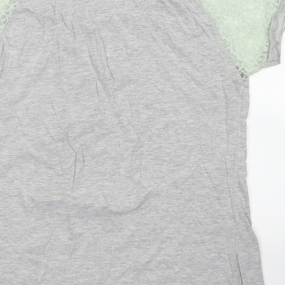 Beyou Womens Grey  Cotton Basic T-Shirt Size 12 Crew Neck - Lace Sleeve details