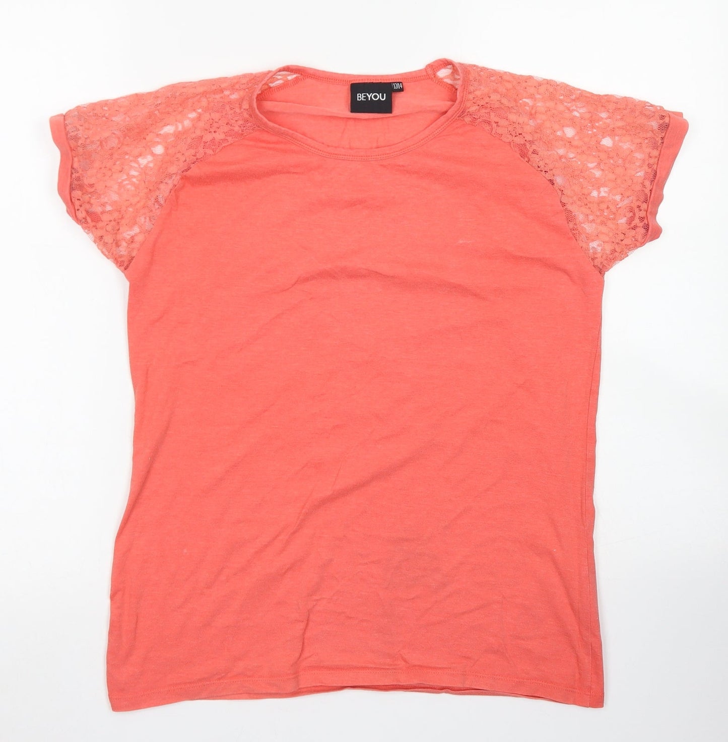 Beyou Womens Orange  Cotton Basic T-Shirt Size 12 Crew Neck - Lace Sleeve